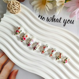 24 Pcs Easter Press on Nails Medium Almond Fake Nails Cute Bunny Design Acrylic Nails Easter Rabbit Colorful Flowers False Nails Glossy Full Cover Stick on Nails for Women DIY Manicure