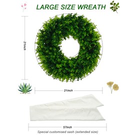 21''Boxwood Wreath,Summer Artificial Greenery Garland with Sash for Front Door Outdoor Porch Decor