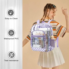 Dezcrab Clear Backpack for School Girls Boys, Heavy Duty Transparent Backpack Kids See-Through Clear Bookbag (Checkered Purple)
