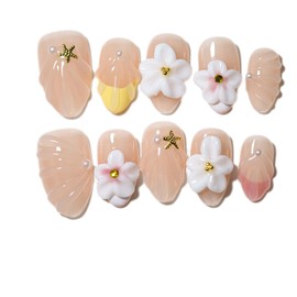 10 pcs Handmade Press On Nails,Ocean-Themed 3D Shell French Aurora Cat Eye with flowers and starfish,Summer latest styles, Almond Shape, Reusable DIY Nail Art for Women and Girls (A04, M)