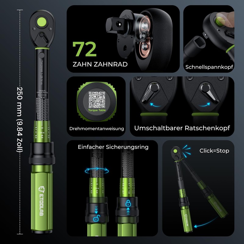ETOOLAB 1/4 inch torque wrench, ±3% error accuracy, 1-26 N·m/10-231.3lbf·in