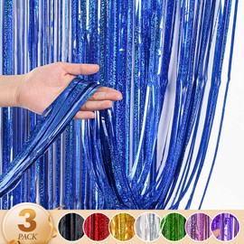 WENYA 3 Pack Blue Foil Fringe Curtains Party Decorations, 3.3ft x 6.6ft Glitter Fringe Rain Curtain, Photo Booth Backdrop Tinsel Curtain Streamer for Wedding Christmas New Year Celebration Party
