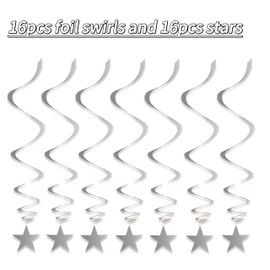 Silver Stars Hanging Swirls Decorations Ceiling Swirl Foil Decoration Hanging Silver Party Supplies for Birthday Baby Shower Wedding Graduation, 32 pcs