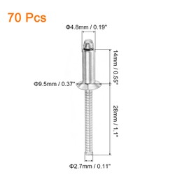sourcing map 70Pcs 3/16" x 1/2" 304 Stainless Steel Countersunk Blind Rivet, Open-End Type Blind Rivets for DIY, Sheet Metal, Automotive Repairs, Furniture, Boat, and Duct Work (Silver)