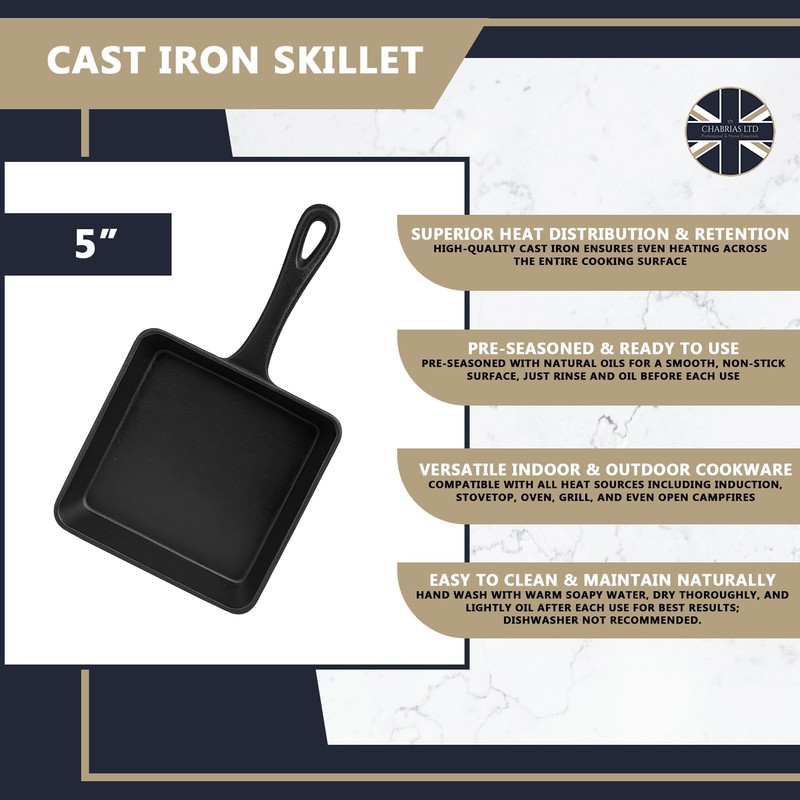 Chabrias Ltd 5"/13cm Square Pre-Seasoned Cast Iron Skillet Frying Pans