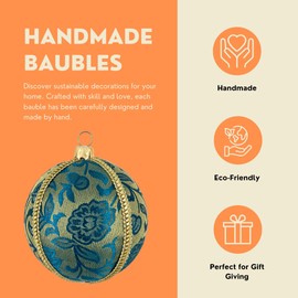 Ranbir Handmade Upcycled Bauble | 8cm Blue and Gold Floral Pattern | Unique Christmas Ornament | Eco-Friendly Décor | Sustainable Elegant Tree Decoration | Luxury Bauble for Home Décor