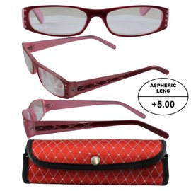 Women's High-Powered Reading Glasses: Red and Pink Frame and Matching Case +5.00 Magnification Aspheric Lenses