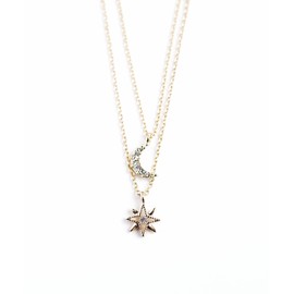 MUK Women's Necklace, Moon Star Double Chain Pendant, Hypoallergenic, Popular, Metal, No Gemstone