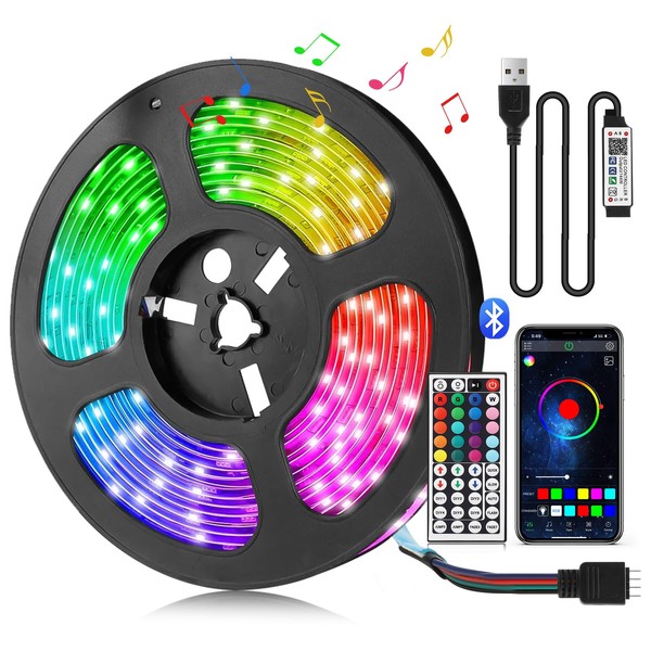 LED Tape Light, Non-Waterproof, 5M Led Light, Bluetooth Connection, APP Control, 44 Keys Remote Control, LED Tape, RGB Dimmable, Multi-Color, Cutable, Easy Installation, Indirect Lighting, DIY