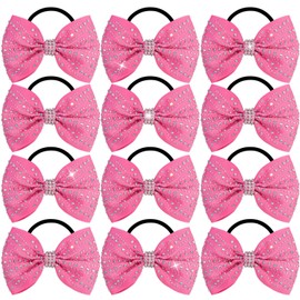 OAOLEER 12PCS Glitter Cheer Hair Bows for Cheerleading, Cheer Bow with Ponytail Holder for Teen Girls Cheerleader (Pink)
