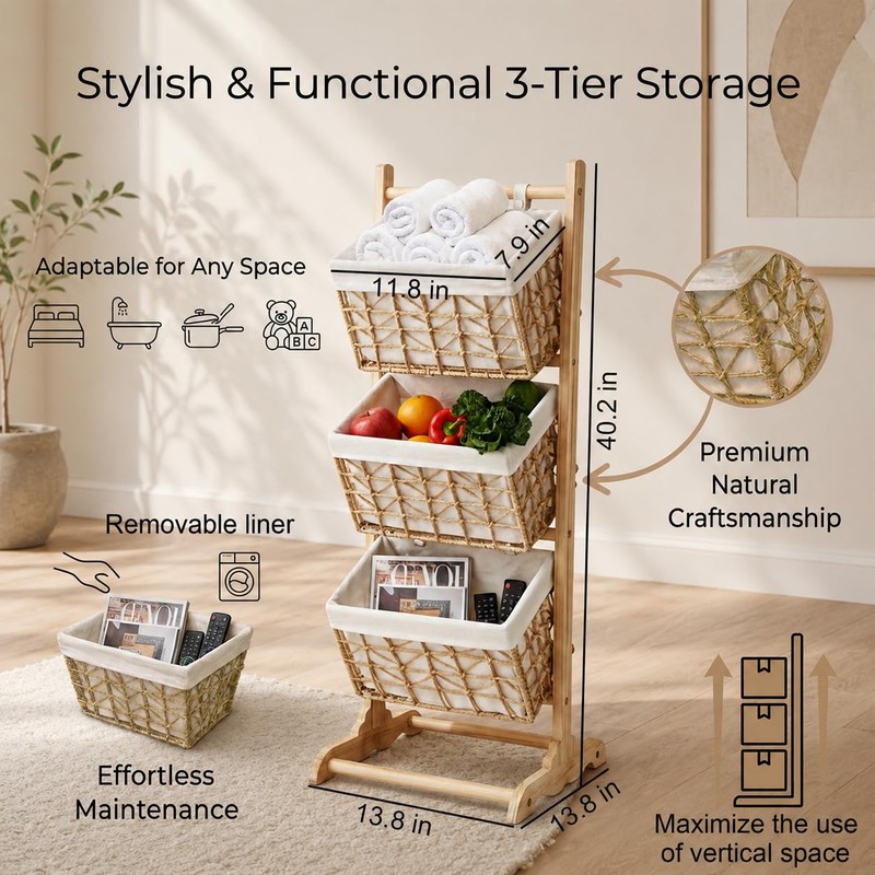 Three-Tier Floor-Standing Storage Rack, Hand-Woven Storage Basket, Vertical Storage Rack,