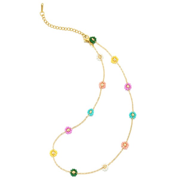 COOLSTEELANDBEYOND Colorful Flower Beads Necklace Chocker Collar Necklace, Multi Color