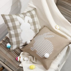 CroBlissful 2 Pack Bunny Pillow Covers Easter Rabbit Throw Pillowcase 18 x 18 Neutral Decorative Embroidery Cushion Case for Sofa Bed Rustic Farmhouse Boho Home Decor(Light Khaki Plaid)