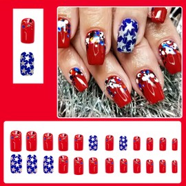 SHUXILIN 24Pcs Square Acrylic Press-On False Nails, 4th of July Flag Design, Glitter Star Sequins, Reusable, Full Cover Nail, Multicolor, 12 Sizes, 24 Pieces