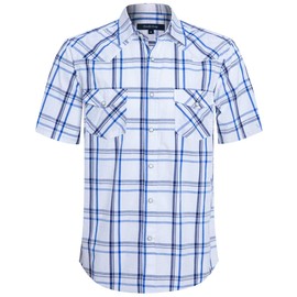 Mens Short Sleeve Western Shirts with Pearl Snap Button Up Casual Regular Fit Plaid Shirts (White and Navy-02D,X-Large)