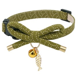 PetSoKoo Bonito collar de gato con campana. Elegante colgante japonés con lazo y pez. Descanso de seguridad, suave, ligero, para niñas, niños, mujeres, gatos, gatitos, color verde