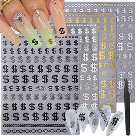 4 Sheets Dollar Nail Stickers for Nail Art 3D Self-Adhesive Dollar Nail Art Stickers Black White Silver Gold Dollar Nail Decals Design Supplies for Women DIY Nail Decoration