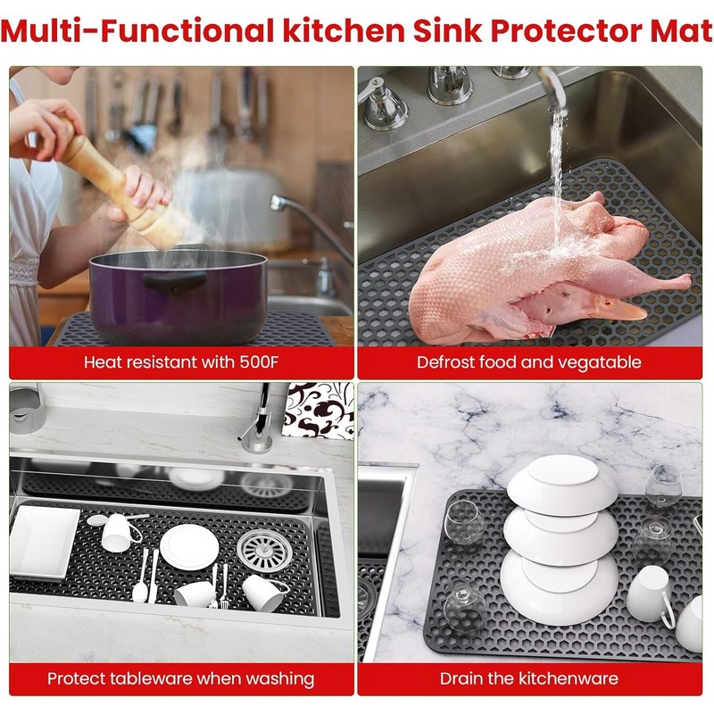TOOVEM 28.3"x14.4" Sink Protector - Farmhouse Drain Hole Mat, Kitchen