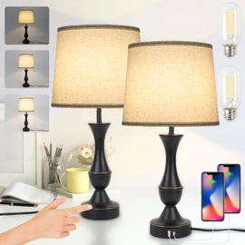 LALISU Touch Lamps for Bedrooms Set of 2, Farmhouse Table Lamp with USB C Charging Port, 3 Way Dimmable Nightstand Lamps with Linen Fabric Lampshade for Bedroom, Living Room (Pack2-Black)