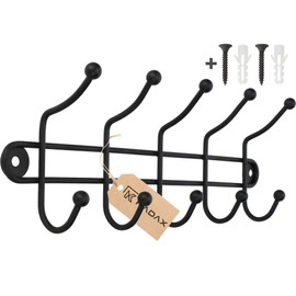 KADAX Wall Coat Rack, Coat Hook, Hook Rail, Double Hook, Coat Rack, Steel Wall Hook, Bathrobe Hook, Towel Hook, Matt, Black (5 Hooks)