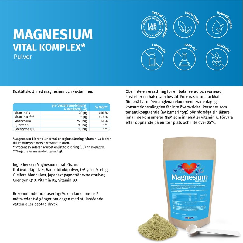 Magnesium Vitalkomplex Pulver mit Magnesium-Citrat, Baobab Fruchtpulver, L-Glycin, Coenzym Q10,