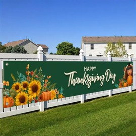 BlissYard Thanksgiving Banner Happy Thanksgiving Day Backdrop Sunflowers Pumpkins Turkey 118x20 inches Autumn Harvest Decor Party Supplies Wall Hanging Banner Photo Backdrop Decor
