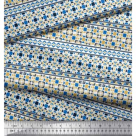 Soimoi Blue Moss Georgette Fabric Aztec Geometric Printed Craft Fabric BTY 42 Inch Wide