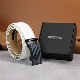 SANSTHS Mens Leather Belts Ratchet White Golf Belt for Men with Automatic Slide Buckle Everyday Jeans Gift Belt for Him