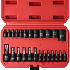 EGOFIX 25 Piece Torx Bit and Socket Set, 13 Star Bits (T8- T60) & 12 E-Torx Sockets (E4-E22), Professional Grade Auto & Motorcycle Mechanic Set