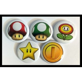 Set of 5 1" Mario Power Up Buttons Pinback