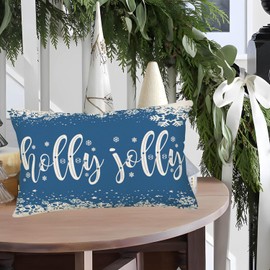 Easternproject Holly Jolly Christmas Pillow Covers Light Blue Snowflake Winter Farmhouse Decor Throw Pillow Cover 12x20 Inch Seasonal New Year Waist Pillow Cases Cotton Linen for Sofa Couch