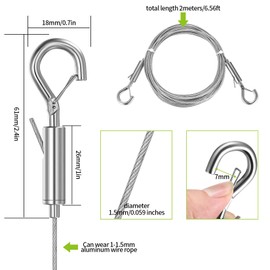 Wire Rope 2 mm x 10 m, Steel Cable with Eyelets and Hooks, Stainless Steel Rope Tension Set, Adjustable Steel Cable Rope Hanging, Adjustable Wire Ropes with Loop and Hooks for Curtains, Pictures,