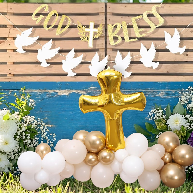 God Bless Decorations -White and Gold Dove Banner, Cross Garlands