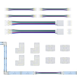 MIWISE 10mm Connectors Kit for 4-Pin RGB COB LED Strip,4pcs Transparent Gapless Connectors,L-Shaped,Strip-to-Strip Connectors,2pcs Extension Connectors with 4-pin Plug,for DIY Lighting