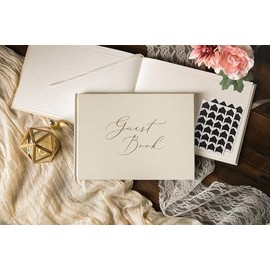 Luxury Blank Guest Book – Large 11.5x8.5” Cream Linen Hardcover with Gold Foil Embossed Cover & Gilded Edges – Unlined Wedding, Baby Shower, or Memory Book for Events