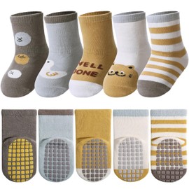 TRUEHAN 5 Pairs Toddler Non Slip Socks with Grips Baby Socks for Kids Girls Boys （5 Pairs Cute Mix Colors，3-5 years）