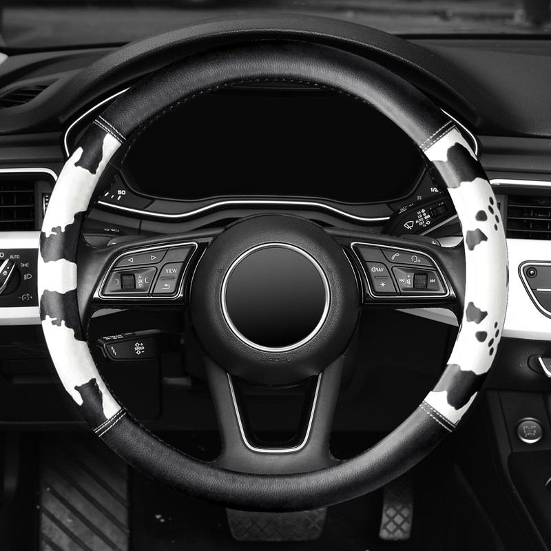 Cow Print Steering Wheel Cover, Universal 14.5-15 inch Breathable Microfiber