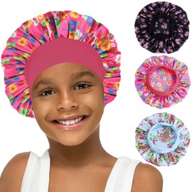 FIRSTPELLA 3 Pcs Silk Hair Bonnet for Sleeping - Baby Satin Bonnets for Girls Kids Sleep Cap Hair Wraps for Curly Natural Hair with Elastic Wide Band (Black+Hot Pink+Blue)