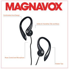 Magnavox MHP4854-BK Earhook Earbuds with Microphone in Black | Available in Black & White | Extra Value Comfort Stereo | Durable Rubberized Cable