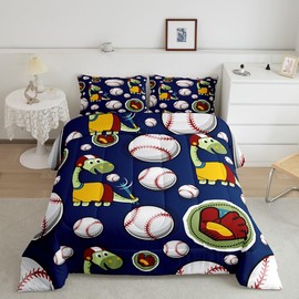 jejeloiu Baseball Bedding Set Queen Size Black Dinosaur Comforter Set for Kids Boys Girls Decor 3D Ball Pattern Comforter Microfiber Jungle Dino Duvet Set Bedroom Quilt Set Bedclothes