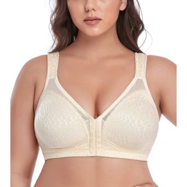 DotVol Front Closure Bra for Women Full Coverage Back Support Wirefree Posture Jacquard Adjustable Strap Comfort(Nude,46C)
