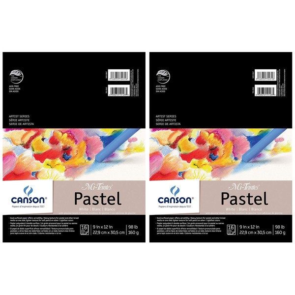 2-Pack - Canson Mi-Teintes Pastel Paper Pad, White with Glassine, Dual Sided Light and Heavy Texture, Top Wire Bound, 98 Pound, 9 x 12 inch, White, 16 Sheets Each Pack