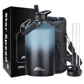 One Gallon Insulated Water Bottle, 128oz Stainless Steel Metal Vacuum Water Jug, Large Thermos Water Bottle Flask with Paracord Handle & Straw Spout Lids for Gym Camping Hiking, Indigo Black