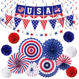 27 Pack 4th of July Patriotic Party Decorations, 6 Paper Fan, 6 Flower Ball, 1 USA Swallowtail Flag, 1 USA Pennant Flag, 1 Star Streamer, 12 Swirl Streamer, Independence Day, Memorial Day, Veterans Day Decor Supplies
