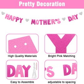 Happy Mothers Day Banner, Mothers Day Decorations, Pink Mothers Day Bunting Best Mum Gifts from Daughter Son for Mum Grandma Birthday Party Supplies