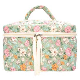 PAZIMIIK Quilted Makeup Bag Large Travel Zipper Soft Cosmetic Case for Women Girls Make Up,Green Flower