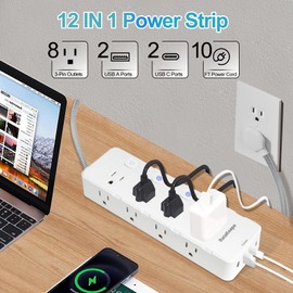 10 Ft Surge Protector Power Strip - 8 Widely AC Outlet 4 USB Ports(2 USB C), Flat Plug Extension Cord with Multiple Outlets, Individual Switches, Desk Extender for Dorm, Home, Office Essentials, 1400J