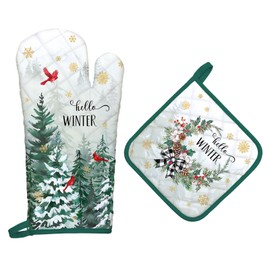 Arquiel Winter Pine Tree Oven Mitts and Pot Holders -100% Cotton, Heat Resistant Extra Long Oven Gloves & Hot Pads for Cooking BBQ Grilling Baking Gift, Set of 2
