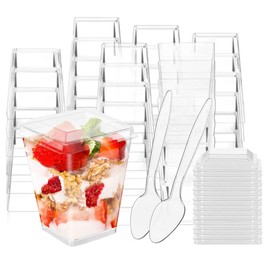Wnqou 150ml/5oz Clear Dessert Cups with Lids and Spoons, 50Pcs Reusable Square Dessert Cups, Mini Transparent Appetizers Serving Bowl for Desserts Mousses,Puddings,Party