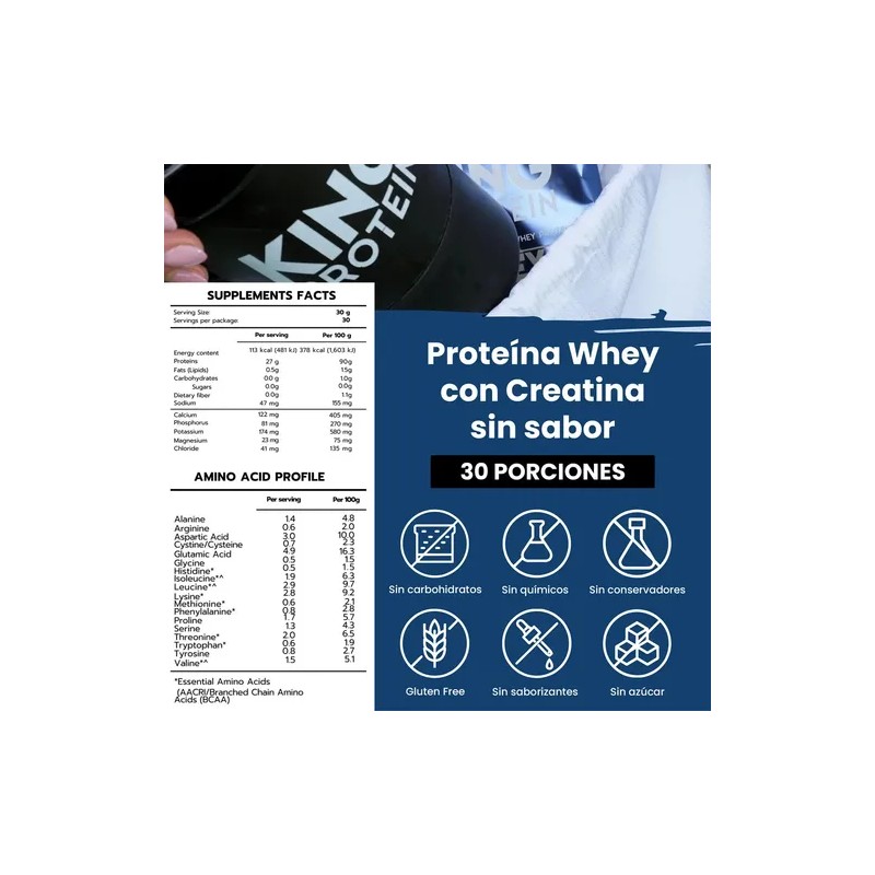 King Protein Whey Creatina 900g - Polvo Nutricional Sabor Natural